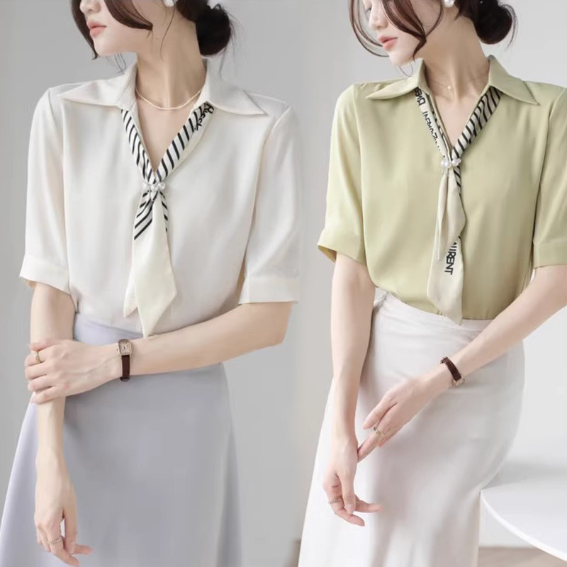99239 เสื้อเชิ้ตแขนสั้นสีขาวดีไซน์ใหม่จาก La Chapelle ประดับโบว์ สำหรับผู้หญิง ดีไซน์เรียบง่ายแต่ดูดี เหมาะสำหรับสวมใส่ใ
