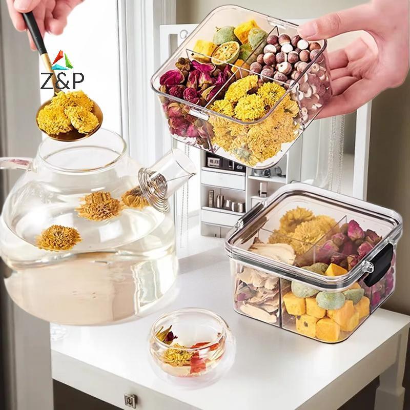 Z&P 460ml 4 กริดพลาสติกสแควร์ชาหอมกล่องบรรจุภัณฑ์ปิดผนึก Jar กล่องเก็บเกรดอาหารขวดเก็บ COD