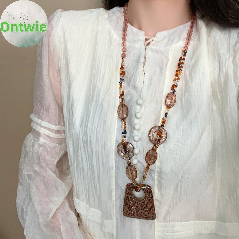 Ontwie ชาติพันธุ์ Sle รอบเรซิ่นเสือดาวเสื้อกันหนาวยาวสร้อยคอ Retro จี้คริสตัลหญิงเครื่องประดับคออุปก