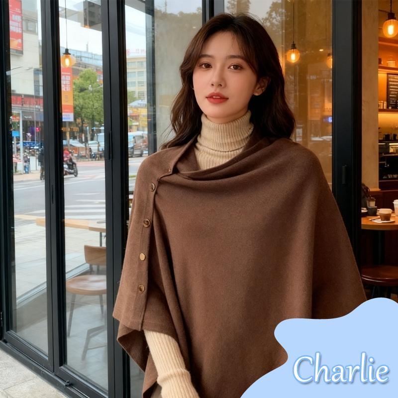 ผ้าคลุมไหล่ Cape สำหรับผู้หญิง ออกแบบปุ่มแนวทแยง สไตล์แฟชั่น