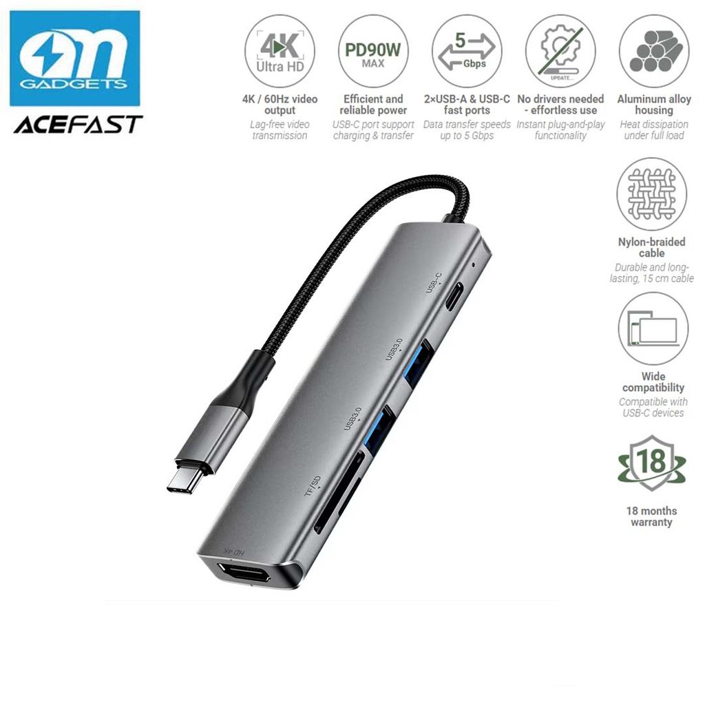 ACEFAST J18 6 in 1 USB-C Hub 4K 60Hz HD PD 90W Docking Station พร้อมช่องเสียบการ์ด SD / TF