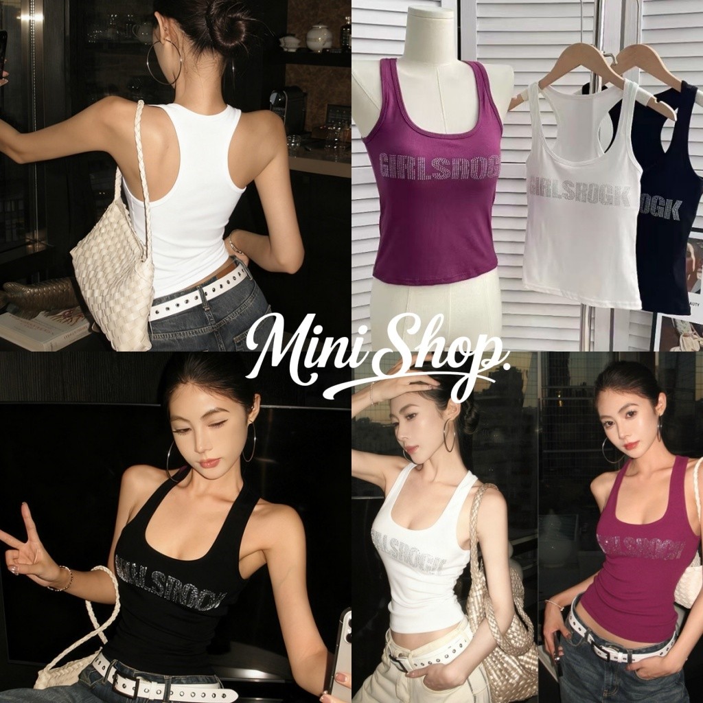 Mini shop🌸พร้อมส่ง🌸(FY3595) เสื้อกล้ามมีฟองน้ำในตัว ดีเทลแต่ลายเท่ๆ3สี สไตล์สาวเท่ เสื้อกล้ามผู้หญิ คอกลม