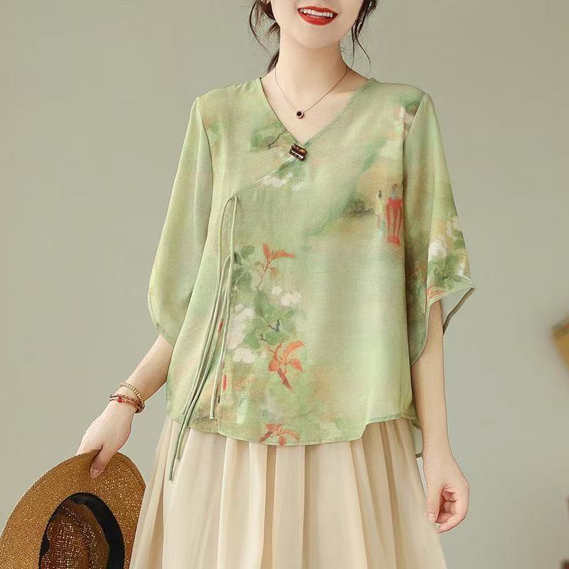 2025 สไตล์จีนผู้หญิงแขนสั้นท็อปส์ปรับปรุงHanfu Zenชาเสื้อผ้าเสื้อผ้าเต้นรําเสื้อผ้าท่องเที่ยวRetro L