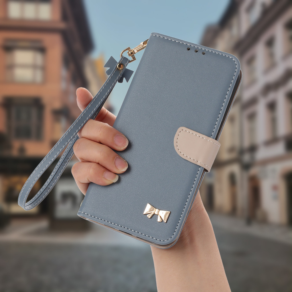 เคสเสี่ยวมี่ Case for Xiaomi Redmi Note 12 Pro Plus 15 14 Pro+ 5G เรดมี่ 15A 15C 12C เคสโทรศัพท์หนังฝาพับพร้อมช่องใส่บัตรสําหรับ Dual Color PU Leather Cover Hardware Bow Wallet With Card Slots Stand Holder Soft TPU Shell Hand Strap เคสฝาพับ WJHDJ