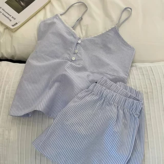 SLEEPWEAR FACTORY ส่งไวมาก ❤ ชุดนอนผู้หญิง สายเดี่ยว+กางเกงขาสั้น ลายทางเกาหลี ผ้านุ่ม ใส่สบาย W222