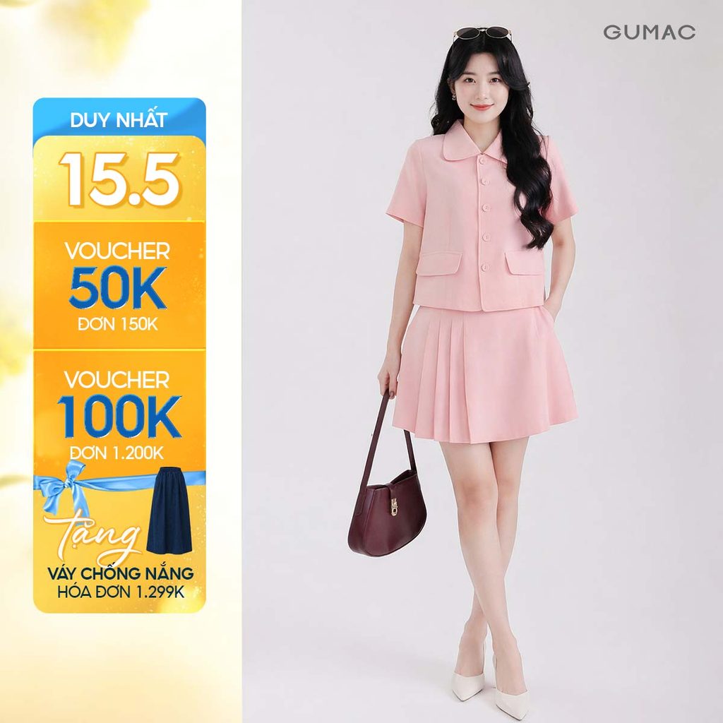 ชุดเดี่ยว GUMP เสื้อแฟชั่นคอปกดอกบัวกลม LAF0808 - กระโปรงทรงเอสั้น LVF0809