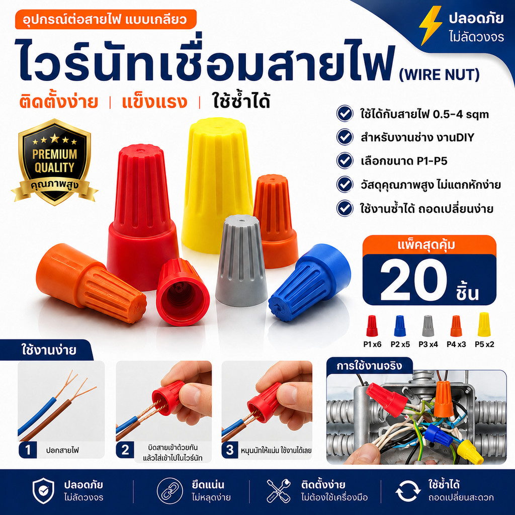 ✨ ซื้อเยอะ ยิ่งคุ้ม (แพ็ค 20 ชิ้น)  วายนัท ปลอกต่อสายไฟ สีแดง เทา เหลือง น้ำเงิน P1–P6 สำหรับสายไฟ 0.5–4 SQMM แรงดัน 300