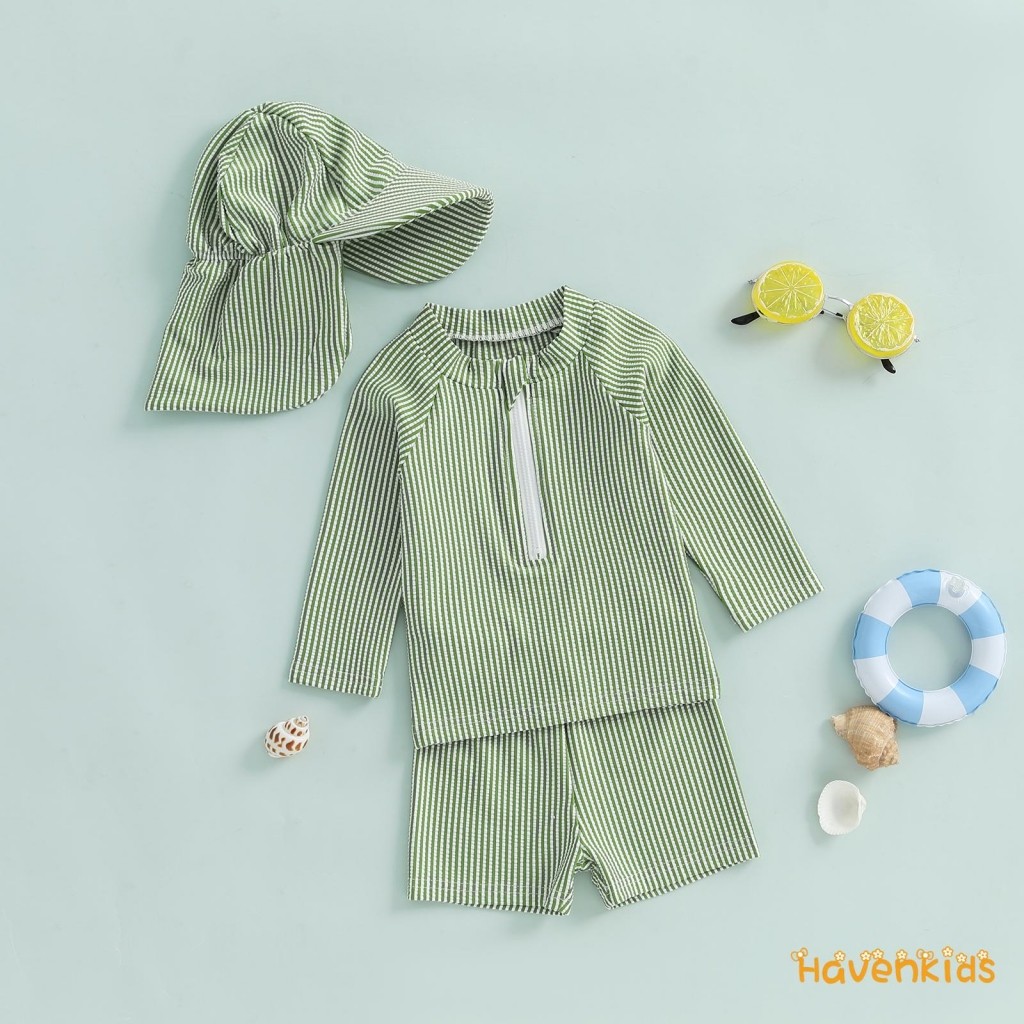 HaK-Toddler Boy Rash Guard ชุดว่ายน้ําลายพิมพ์แขนยาวคอจําลองพร้อมกางเกงขาสั้นและหมวกว่ายน้ําชุดว่ายน