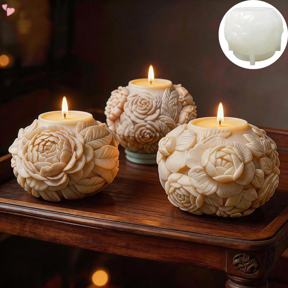 3D นูน Rose Peony ทรงกลมเชิงเทียนซิลิโคนแม่พิมพ์,ดอกไม้ Ball อีพ็อกซี่เรซิ่นหล่อแม่พิมพ์, DIY ขี้ผึ้งสบู่พลาสเตอร์ Mould สําหรับตกแต่งบ้านของขวัญแต่งงานทํา