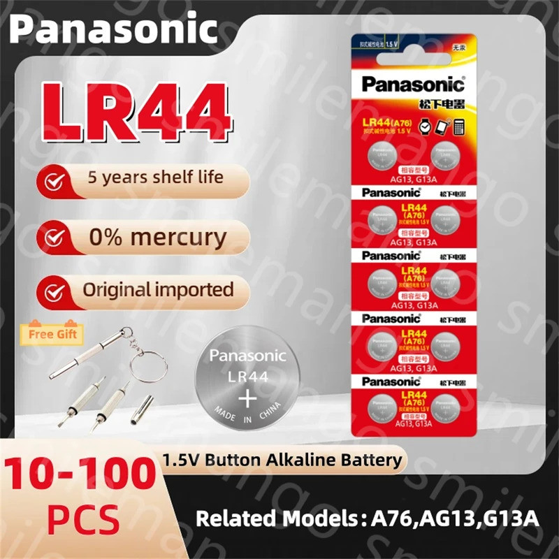 Original Panasonic AG13 LR44 A76 357 357A LR1154 SR1154 SR44 1.55V สําหรับนาฬิกาเครื่องคิดเลขกุญแจรถ