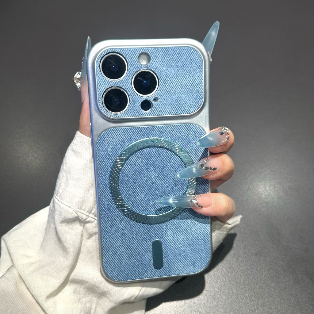 หรูหราElectroplating Denimรูปแบบเคสโทรศัพท์แม่เหล็กสําหรับiPhone 13 14 Plus 15 16 17 Pro Maxกันกระแทกกันชนกลับกรณีฝาครอบ
