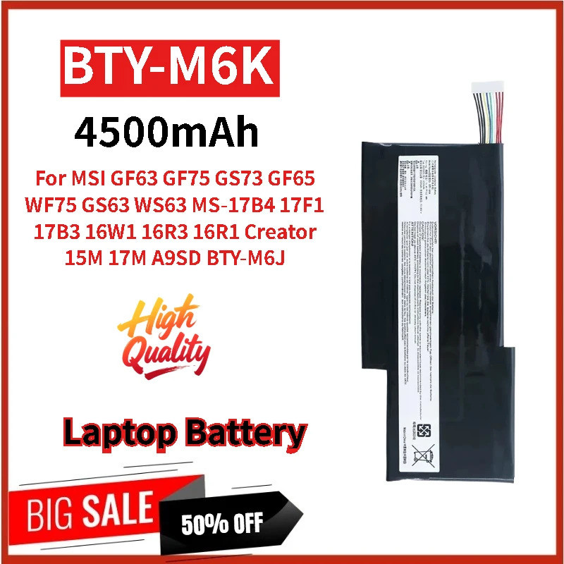 ใหม่ BTY-M6K เปลี่ยนแบตเตอรี่แล็ปท็อป 11.4V 4500mAh สําหรับ MSI WF75 GS73 GF65 GS63 GF75 WS63 MS-17B