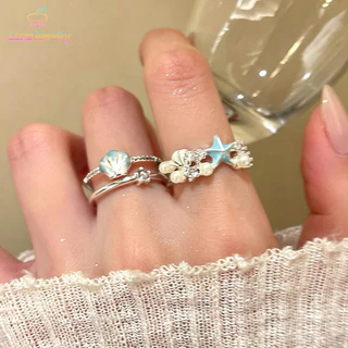COD💖1 ชิ้น แหวน ปลาดาว รูปเปลือกหอย สีน้ำเงิน ประดับไข่มุก หรูหราแสง แฟชั่น สวมซ้อน สำหรับผู้หญิง เครื่องประดับ-Lune