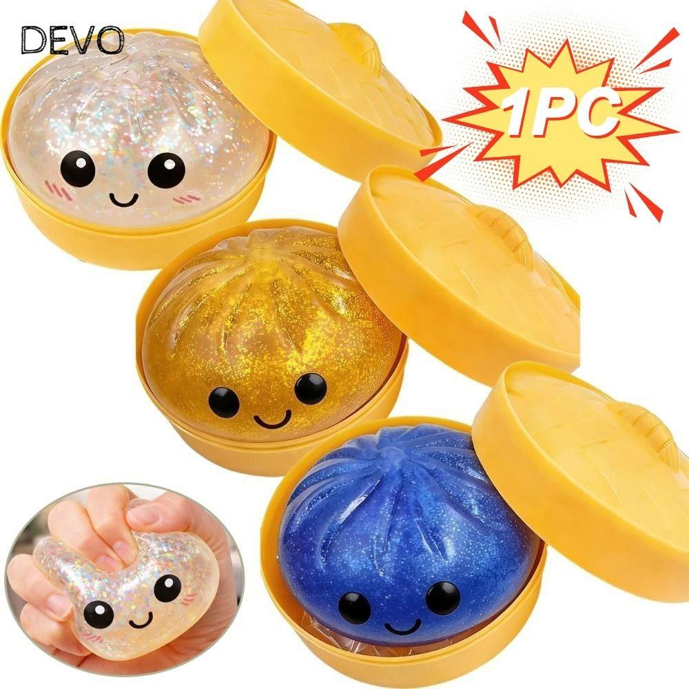 DEVO กล่องเกี๊ยวของเล่นสกุชชี่,พร้อม Steamer Glitter นึ่งยัดไส้ Bun Squishy Pinch Le, ของขวัญช้า Resilience Soft Fidget ความเครียดบรรเทา Sensory Ball เครื่องมือผ่อนคลาย