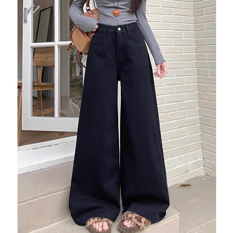 BIMI S-3XL สีดำ กางเกงยีนส์ เอวสูง สไตล์เกาหลี แนววินเทจ เท้ากว้าง กางเกงยีนส์ขายาว สวยๆเก๋ๆ Jean ผู้หญิง เสื้อผ้า