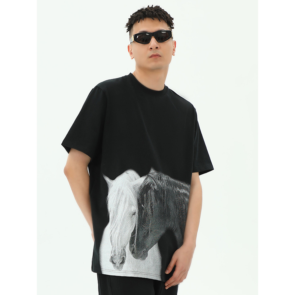 RHC Street Wear เสื้อยืดผู้ชาย สไตล์American Street พิมพ์หลวม รอบคอดำ แขนสั้น