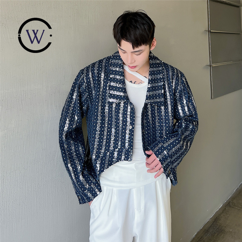 Dark Series 45A2 Heavy Industry Denim Sequins สีฟ้าสั้นแจ็คเก็ต Stage Wear Stylist แจ็คเก็ต 6234PG9155 เครื่องแต่งกายประสิทธิภาพ