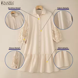 ZANZEA ชิลด์เดรสผู้หญิงสไตล์เกาหลี Gentle Chic กับดีไซน์คอหักระบายแบบ A-line และแขนยาว 3/4 มีรายละเอียดงานปักลายรูฟเฟิลและเนื้อลูกไม้เปิดระบาย