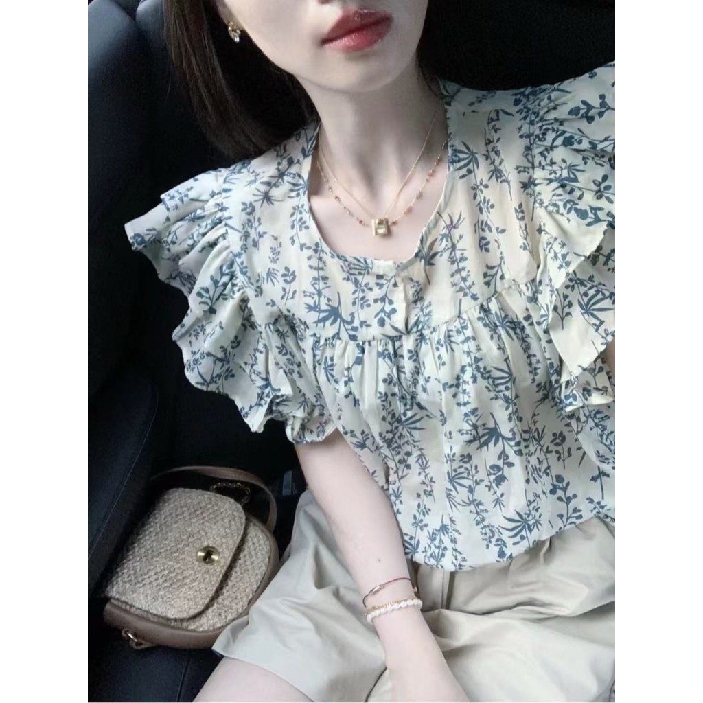 ฤดูร้อนเกาหลีรุ่นสไตล์ฝรั่งเศสAll-Match Chic Topจีบขนาดเล็กบินแขนเสื้อหญิงสไตล์I Guan KeeถักB3J3