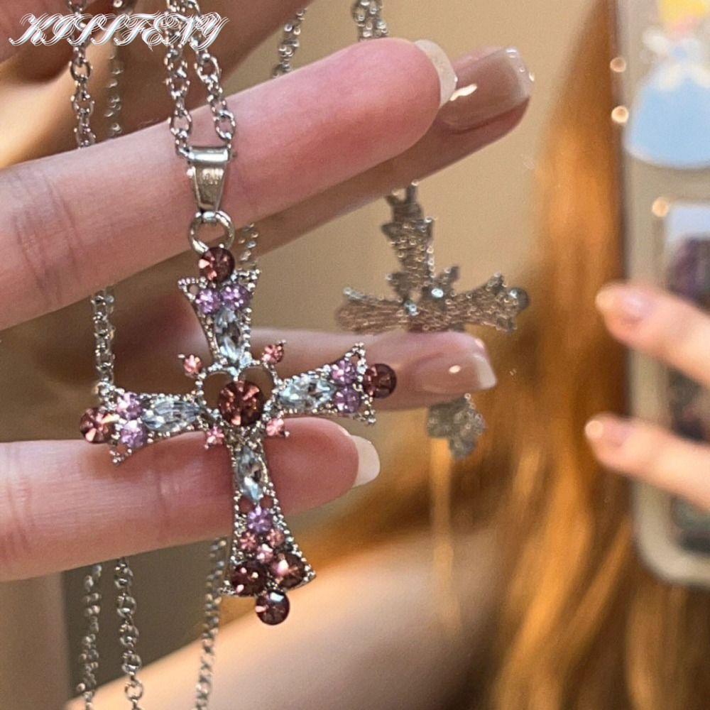 KISSFENY Love Heart Necklace, Y2K Cross Necklace, Gothic Crystal Collarbone Chain Women