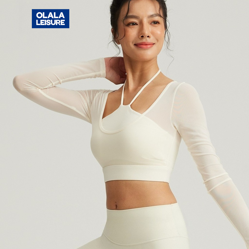 Olala Leisure Yoga Sports T-shirt Crop Top Long Sleeves Fixed Pads Halter Neck 2 In 1 Design Mesh-stitching