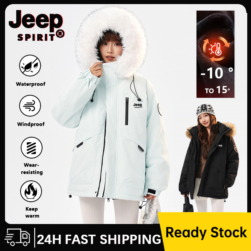 JEEP SPIRIT เสื้อแจ็คเก็ตมีฮู้ดกันหนาวสําหรับผู้ชายและผู้หญิงฤดูหนาวหนาเสื้อแจ็คเก็ตปีนเขากันน้ํากลา
