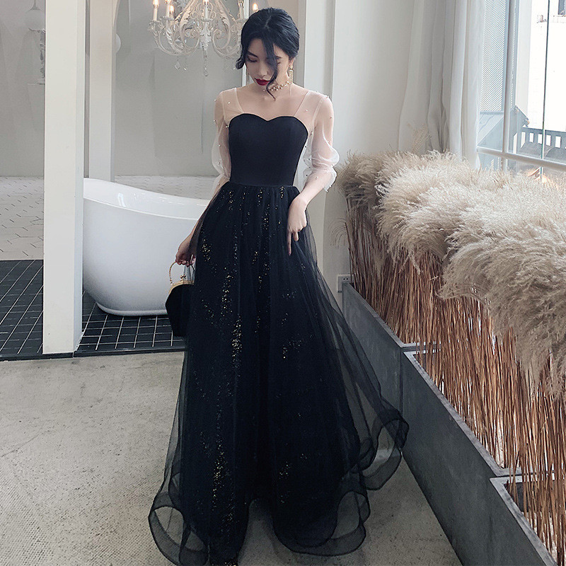 Black mesh evening gown for the banquet; strapless long dress for the host