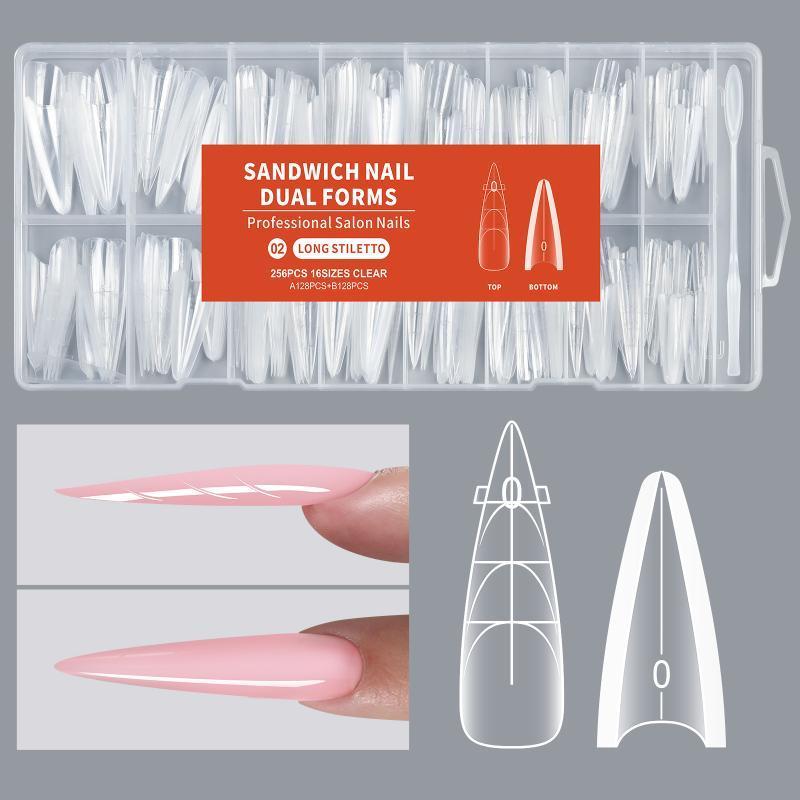 DSTH 256pcs แซนวิช Dual เล็บโหมดสําหรับเล็บอัลมอนด์ Coffin 16 ขนาดนํากลับมาใช้ใหม่ด้านบนด้านล่างรูปแบบเล็บเครื่องมือขยายร้อน