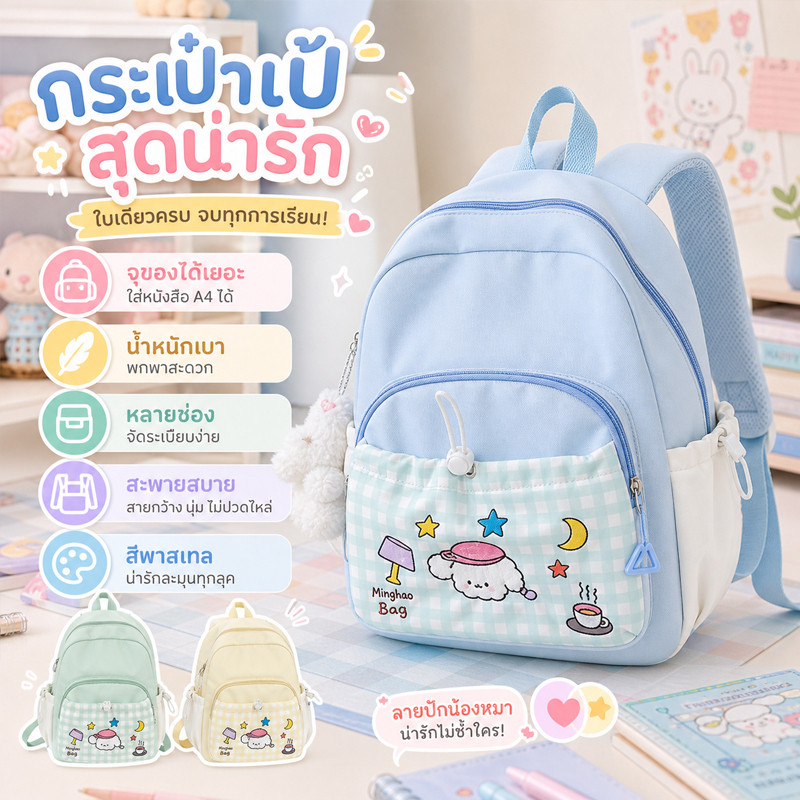 COD กระเป๋าเป้สะพายหลัง กระเป๋านักเรียนน่ารัก ความจุสูง หลายช่อง น้ำหนักเบามาก เหมาะสำหรับใส่คอมพิวเตอร์ 11 นิ้ว
