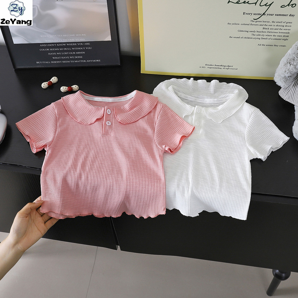 [ZY] 60-130 พร้อมสต็อกเด็กลําลองแขนสั้นเสื้อยืดปกด้านบนหญิงเด็กน่ารักตุ๊กตาปกBottomingเสื้อAll-Matchแฟชั่น