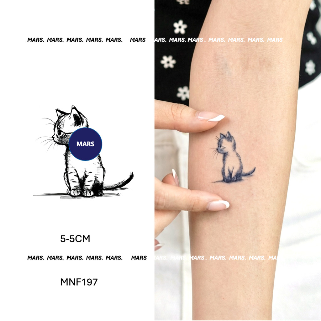 Mars TattooNEW Technology Magic, Long Lasting 2 สัปดาห์, รอยสักกึ่งถาวร, รอยสักชั่วคราว, สติ๊กเกอร์รอยสัก, สักปลอม, "Curious Ink Kitten", MNF197
