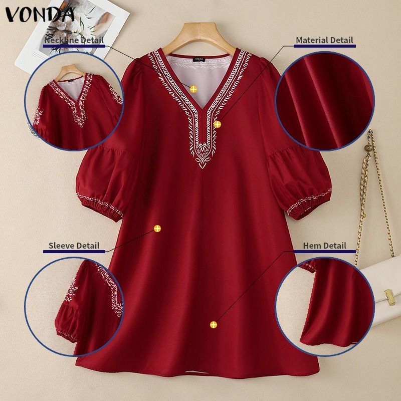 VONDA ผู้หญิงเกาหลีสไตล์ลําลอง V คอตําแหน่งดอกไม้รวบรวม Pleats ยืดหยุ่น Cuffs พัฟแขนหลวมทอสายสามในสี่แขนชุด — صورة 7
