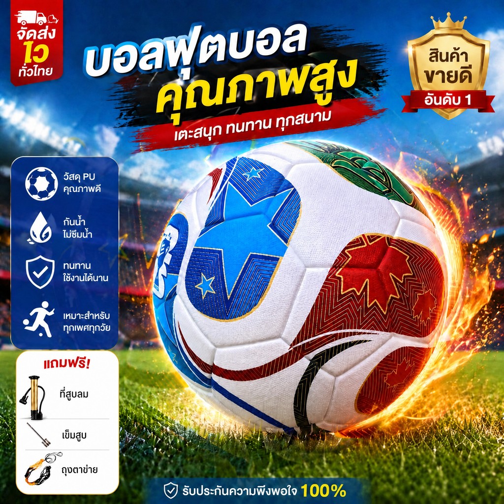 2026 ลูกฟุตบอล เบอร์ 5 ฟุตบอล PU นุ่มเด้ง ทนเตะ ลูกบอลซ้อม แข่งขัน สนามหญ้า ฟุตซอล โรงเรียน เด็กโต ผู้ใหญ่ กลางแจ้ง เด้ง