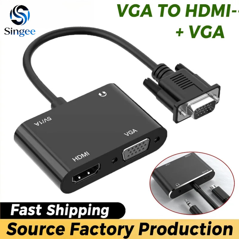 Singee VGA To HDMI/VGA อะแดปเตอร์ 1 ใน 2 Out VGA Splitter Converter สําหรับคอมพิวเตอร์เดสก์ท็อปแล็ปท็อปคอมพิวเตอร์โปรเจคเตอร์