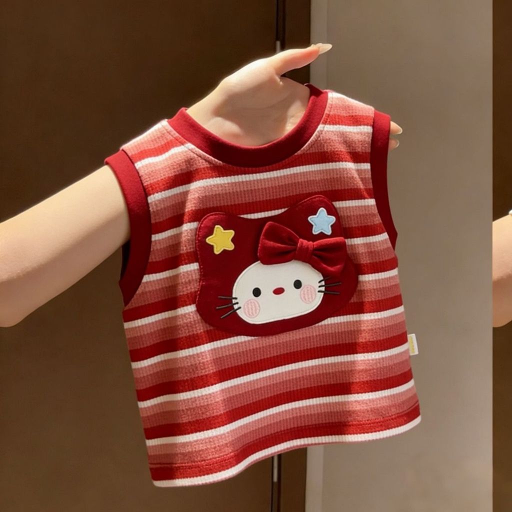ฤดูร้อนการ์ตูนโบว์น่ารักสีแดงลายเสื้อกั๊กสาวหวานตุ๊กตาสามมิติดาวเสื้อยืดแขนกุด