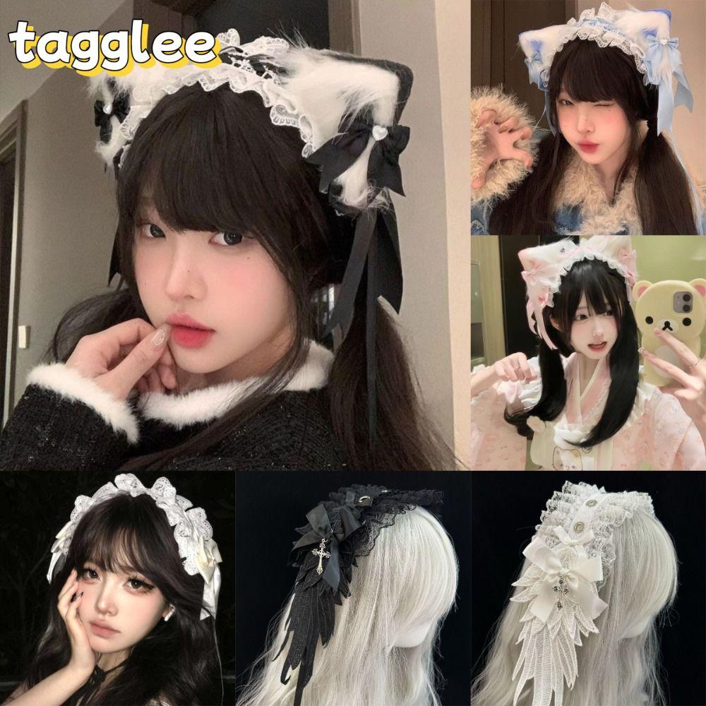 TAGGLEE Head Wrap, ที่คาดผมหูแมวโลลิต้าคอสเพลย์, ที่คาดผมโบว์ลูกไม้ผู้หญิง