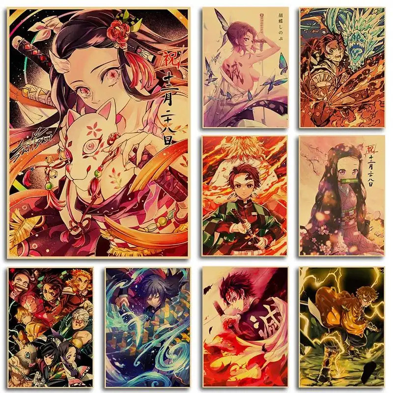 Kraft paper poster, anime cartoon pattern Kimetsu No Yaiba, Japanese style, vintage, classic.