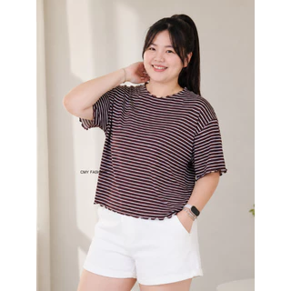 เสื้อยืดสาวอวบ คอแต่งระบาย ลายริ้ว เนื้อผ้านิ่ม ใส่สบาย ระบายอากาศดี สไตล์มินิมอล สาวอวบใส่สวย tb8202#