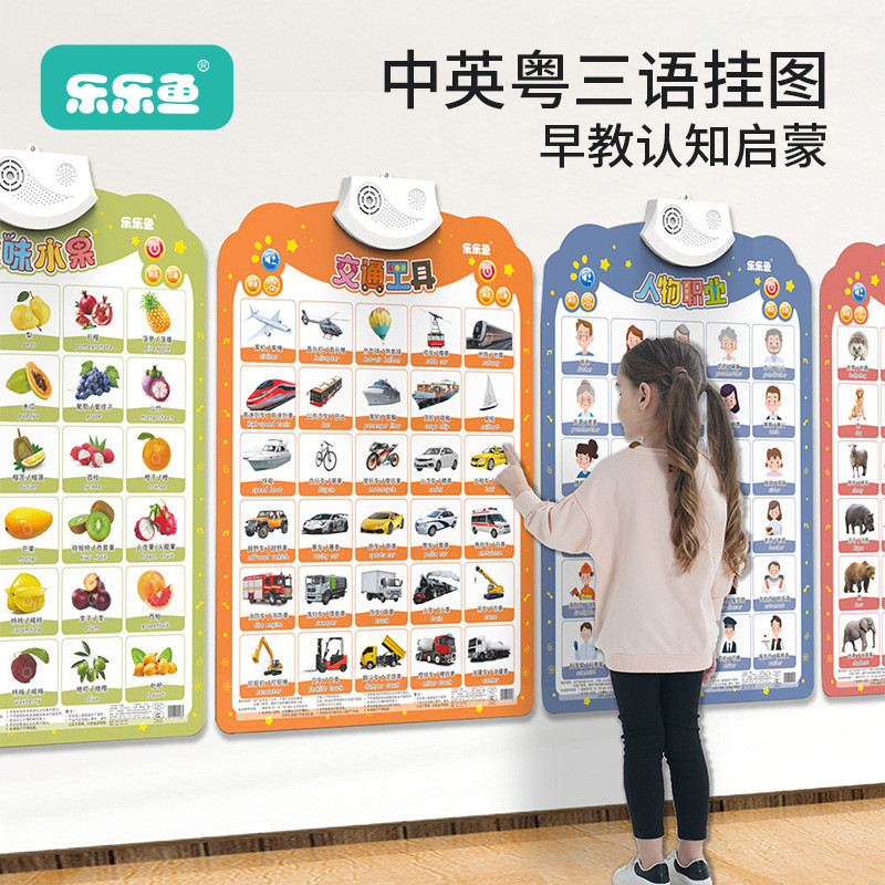 จีนภาษาอังกฤษกวางตุ้ง Trilingual Audio Wall Chart เด็กตรัสรู้ความรู้ความเข้าใจตัวอักษรสติ๊กเกอร์ติดผ