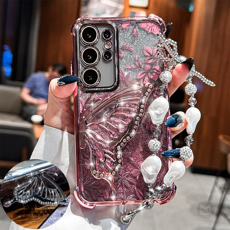 ปลอกสําหรับ Samsung Galaxy S26 S25 S24 Ultra S25 Plus S24 S25 FE S25 Edge Glitter ผีเสื้อ Quicksand Bracket เคสโทรศัพท์พร้อมสร้อยข้อมือมุก