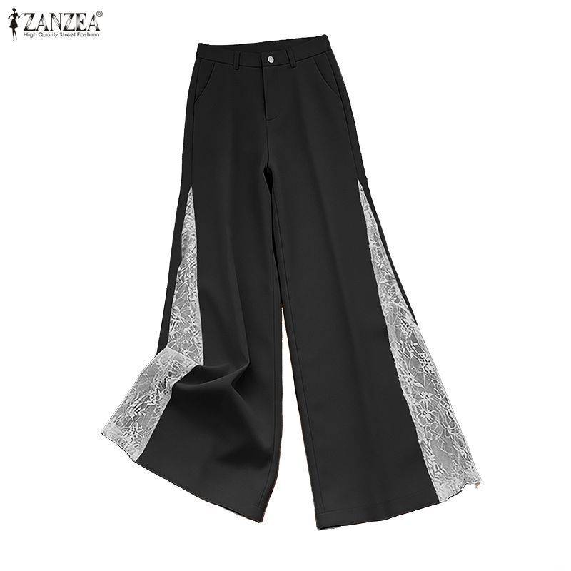 ZANZEA ใส่ ซานเซีย ผู้หญิงเกาหลีวินเทจเอวสูงลูกไม้ประกบกางเกงขากว้างยาวเต็ม — صورة 4