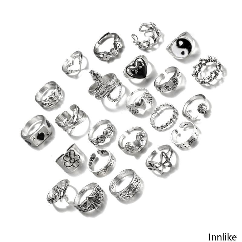INN 24 ชิ้นแหวนโกธิคชุดสําหรับผู้ชายและผู้หญิงที่มีการออกแบบที่ไม่ซ้ํากันเปิดแหวนเครื่องประดับ