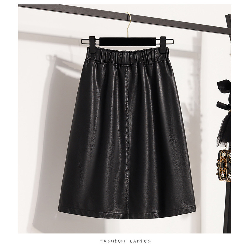 [40-105 กก.] กระโปรงหนังเวอร์ชั่นเกาหลีฤดูใบไม้ร่วงฤดูหนาวเอวสูงยาวปานกลางกระโปรงทรงเอสีดํา - รูปที่ 4