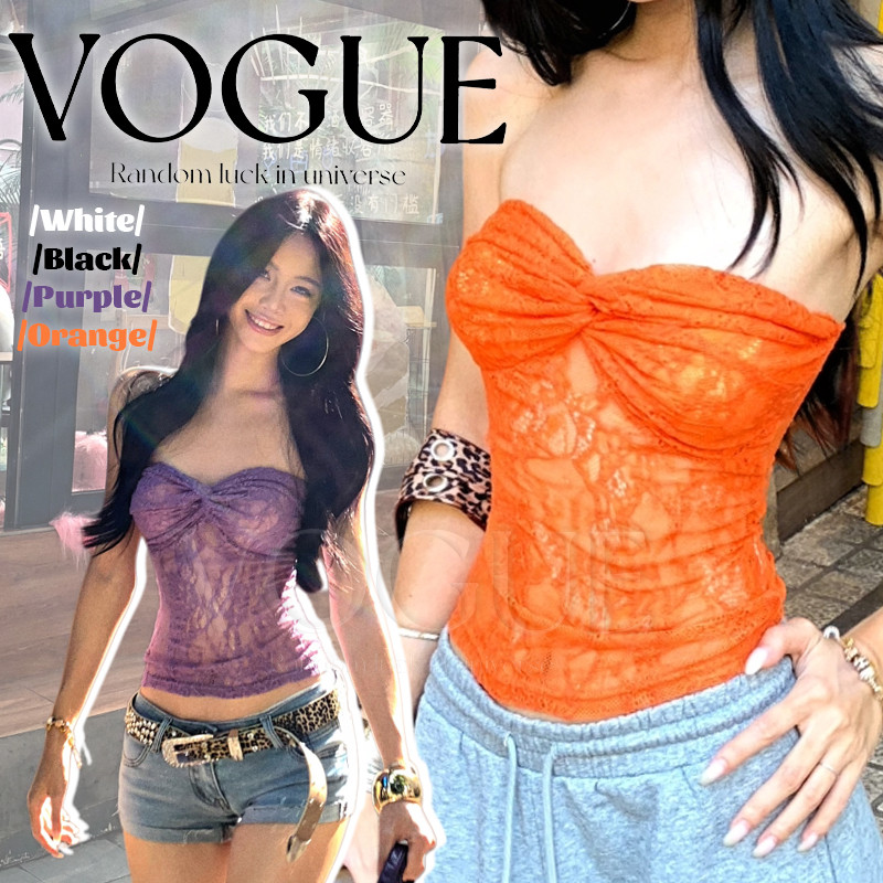 Vogue🌟พร้อมส่ง🌟 เสื้อเกาะอกลายลูหไม้ เสริมฟองน้ำ สีสดใสยืดตามตัว (FY5591)