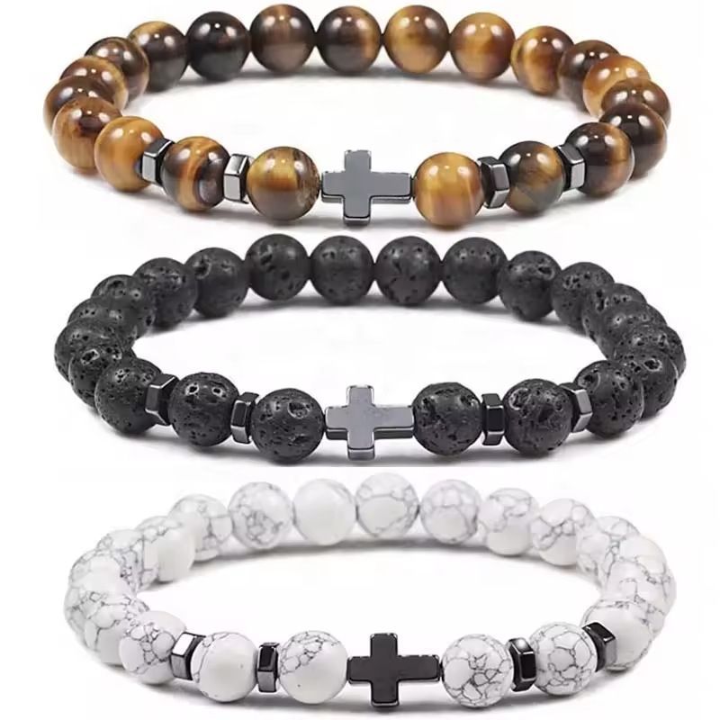 ขายร้อน Frosted Stone Turquoise Volcanic Stone Cross Beaded Bracelet 8mm Natural Stone Mens Jade