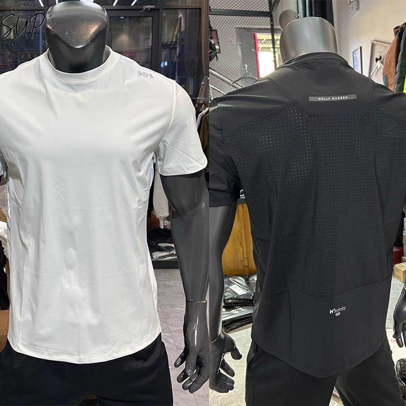 ม-5เอ็กแอล ขนาดบวกผู้ชายกีฬากลางแจ้งตาข่ายเสื้อยืดระบายอากาศ ดริฟท์ วิ่งฟิตเนสการฝึกอบรมแห้งเร็วแขนสั้นสีขาวสีดํา