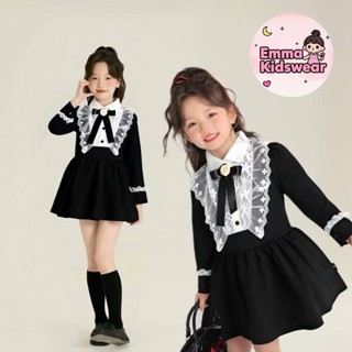 💗EK👧🏻ชุดเดรสแขนยาวสีดำขาวสไตล์เกาหลีสำหรับเด็กผู้หญิง เสื้อผ…