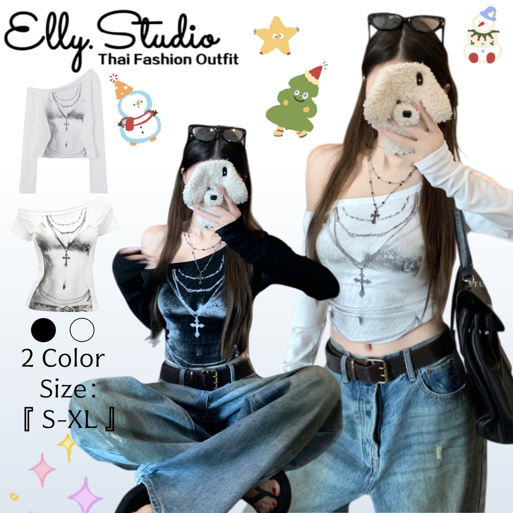 ELLY พร้อมส่ง🦄เปิดไหล่ เสื้อยืดผู้หญิงแขนยาว🦄ใส่ผอมทันใจ แฟชั่น น่ารักๆ ไปคาเฟ่ ใส่แล้วดูผอม สาวฮอต สวยเซ็กซี่