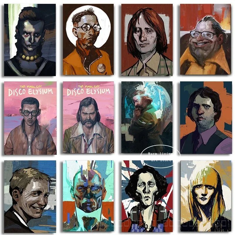บทบาทเล่นเกม Disco Elysium โปสเตอร์ผ้าใบภาพวาดพิมพ์ Retro สไตล์บทคัดย่อ Art สําหรับห้องนั่งเล่น Wall