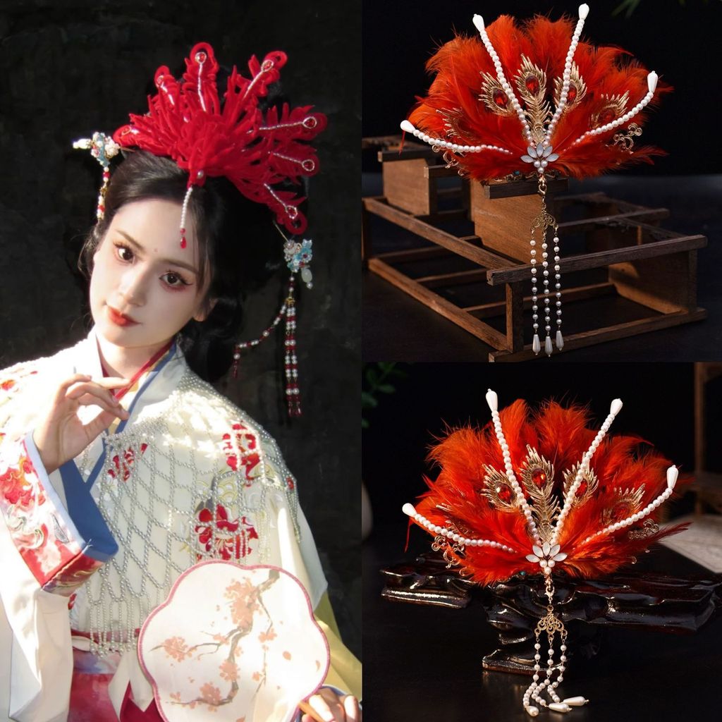 Daughter King Phoenix Crown Phoenix Red Feather เครื่องประดับผมโบราณ Fairy Phoenix Cool Feeling ผมมง